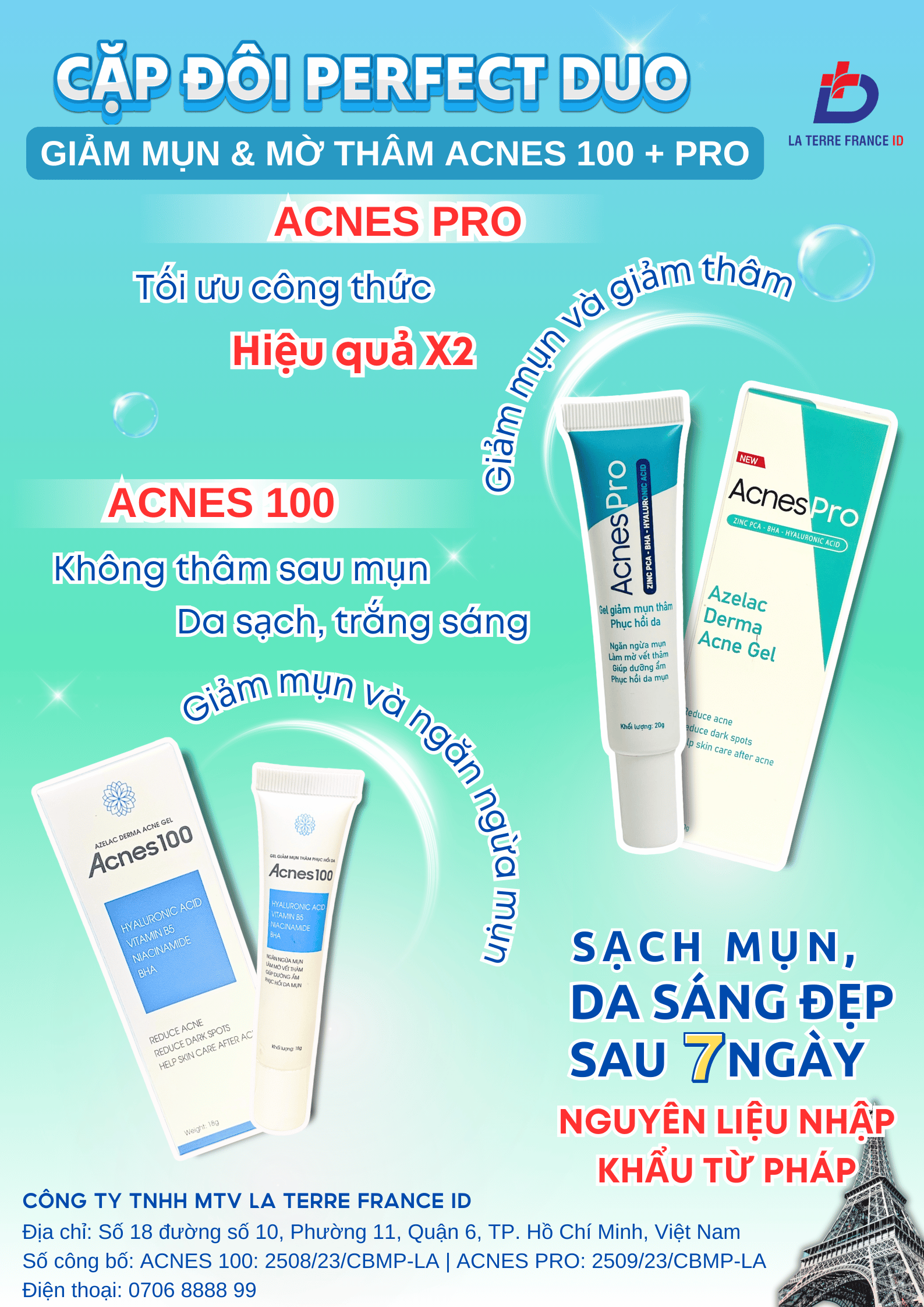 cặp đôi gel mụn và mờ thâm acnespro và acnes100, tối ưu công thức hiệu quả x2, nguyên liệu nhập khẩu từ Pháp